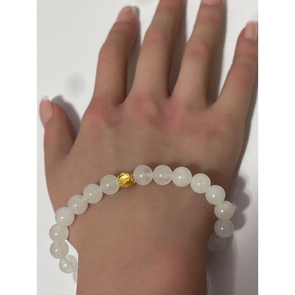 24K Gold Money Bag Lucky Charm Bracelet Gemstone Natural White Jade 8mm Size 7" - Picture 5 of 5
